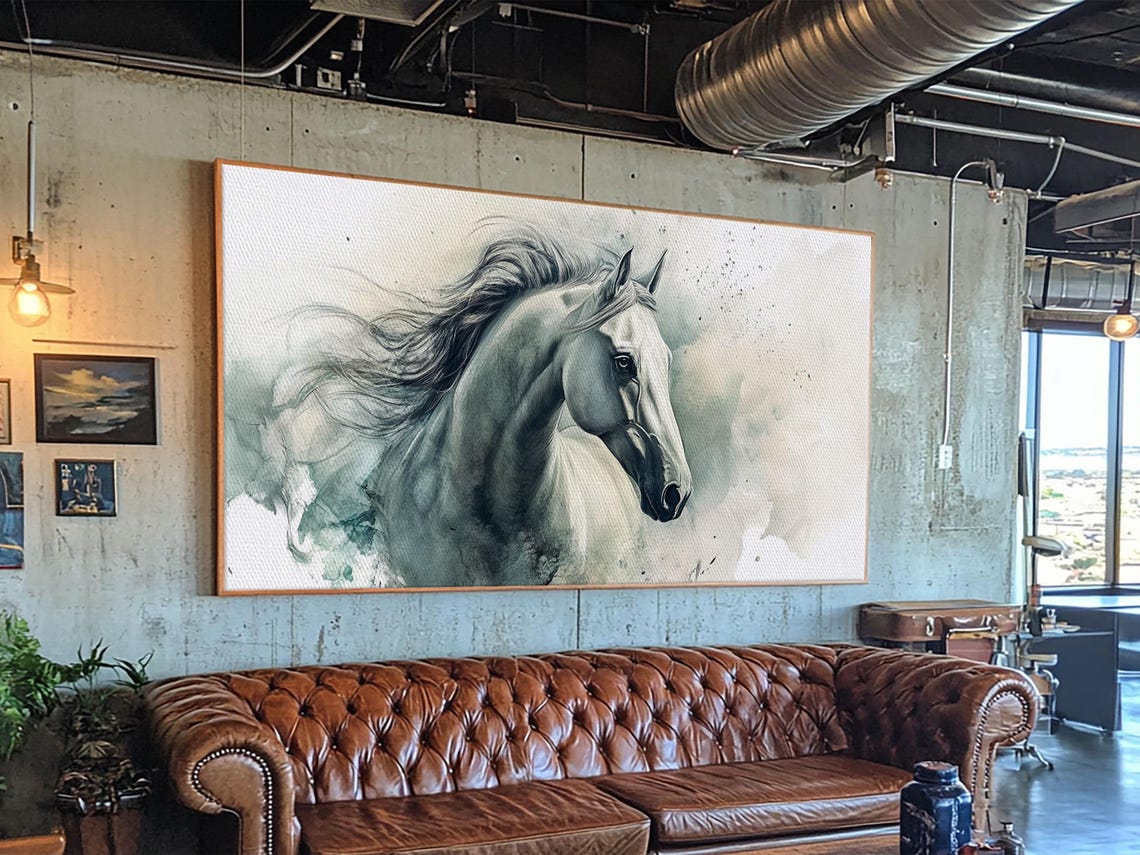 White Horse Flowing Mane Elegant Watercolor Equine Portrait Poster - Image 6
