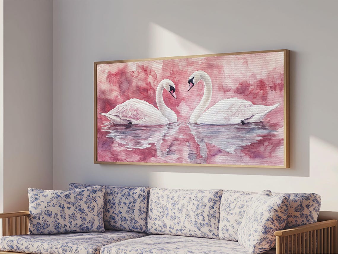 Two White Swans Heart Necks Pink Water Romantic Love Wall Poster - Image 3