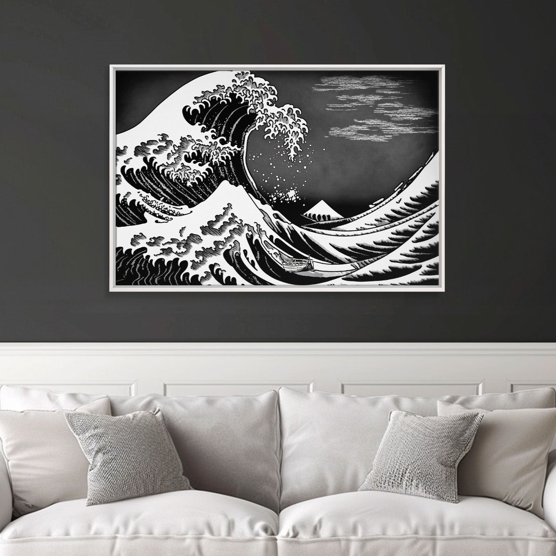 Great Wave Off Kanagawa Mount Fuji Black White Woodblock Style Poster - Image 2