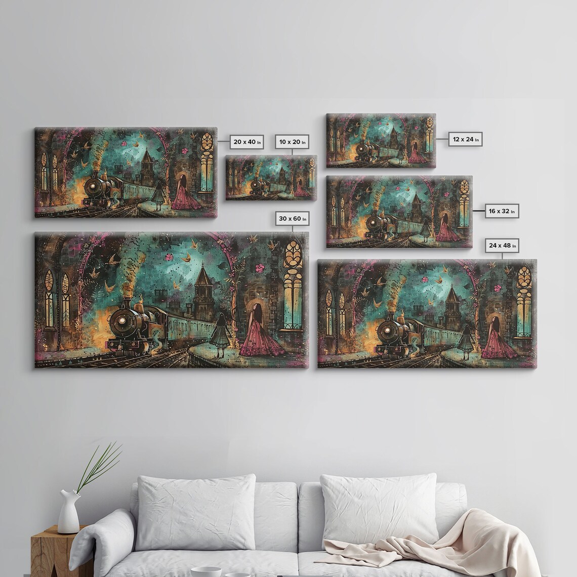 Spooky Steam Train Gothic Station Night Woman Red Dress Dark Academia Wall Art - Image 2