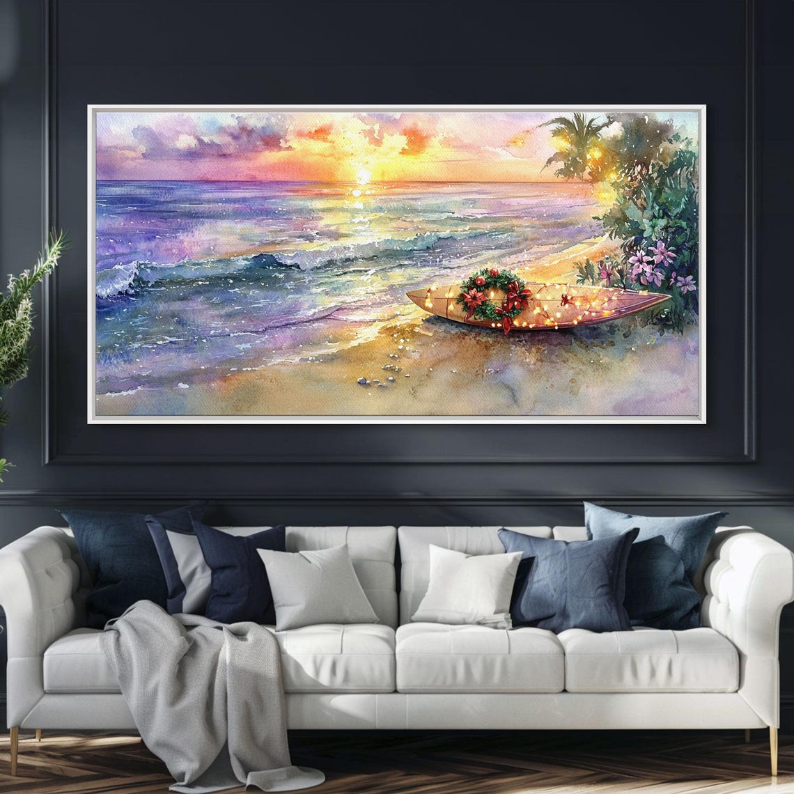 Christmas Surfboard Beach Sunset Wreath Lights Tropical Holiday Poster - Image 6