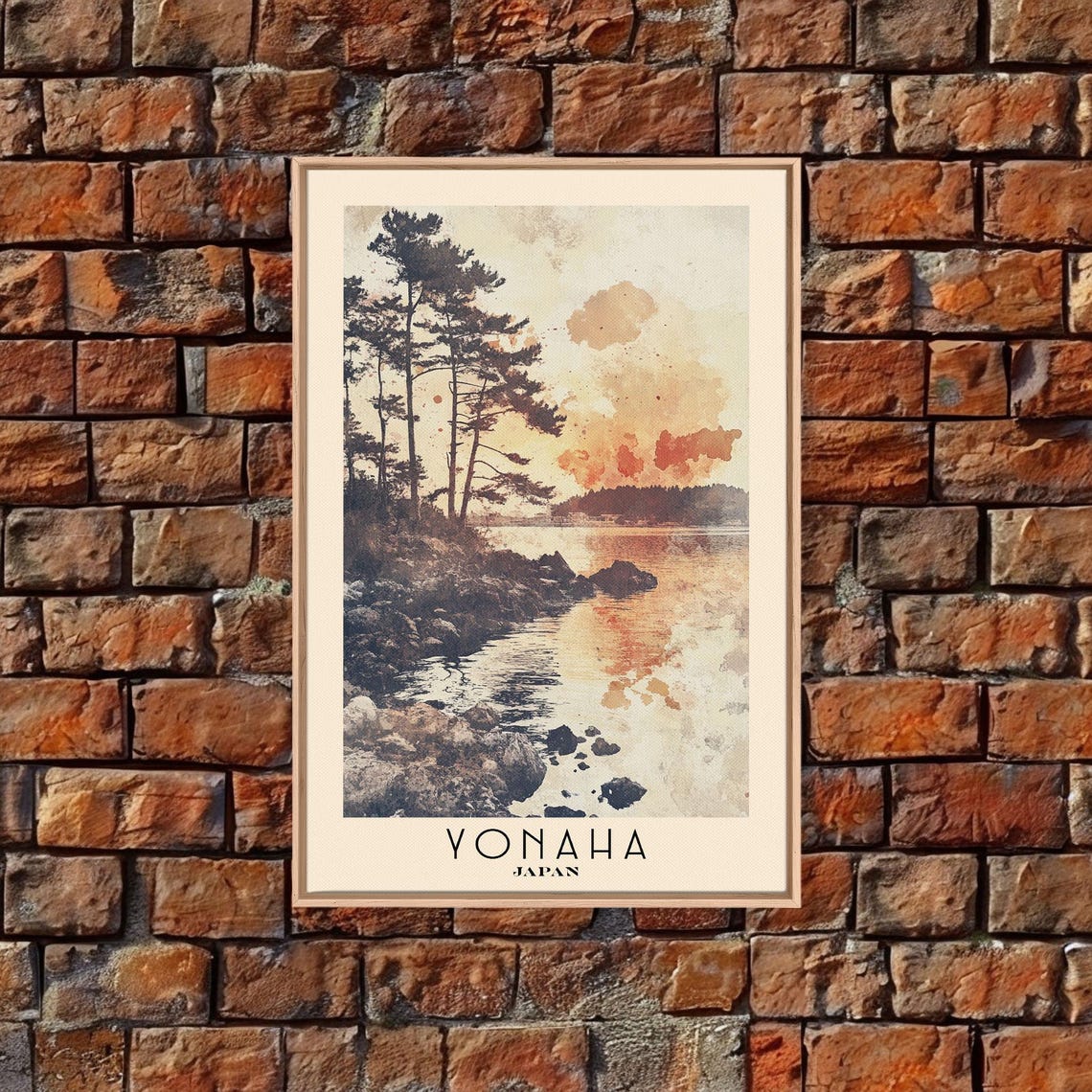 Yonaha Japan Rocky Shoreline Pine Trees Sunset Watercolor Poster