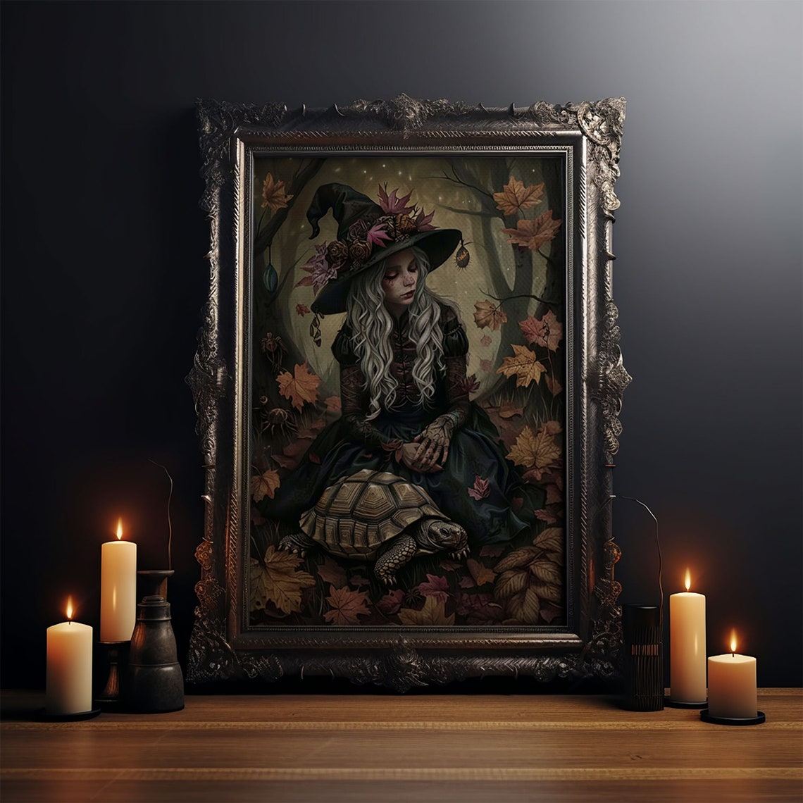 Mystical Witch With Tortoise In Autumn Leaves Enchanted Art Poster - Image 4