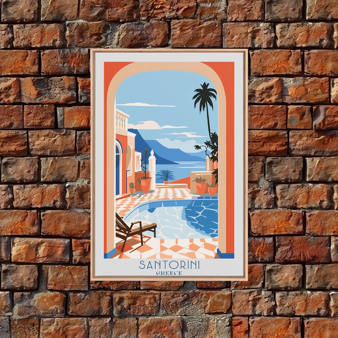 Santorini Greece Arched Terrace Pool Aegean Sea View Travel Poster