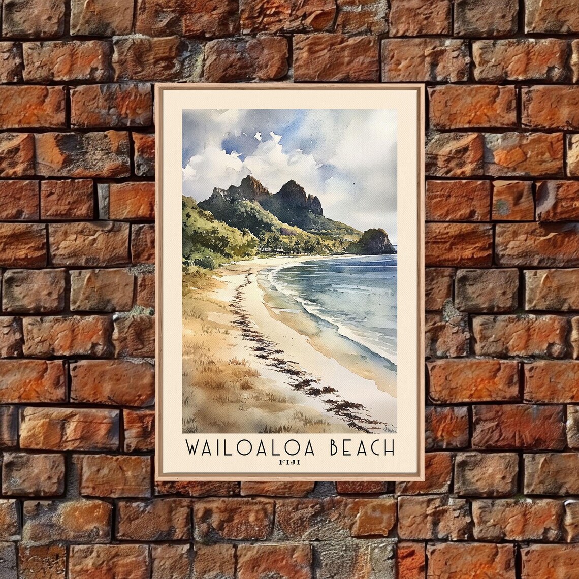Wailoaloa Beach Fiji Watercolor Mountain Backed Coast Tropical Poster - Image 5