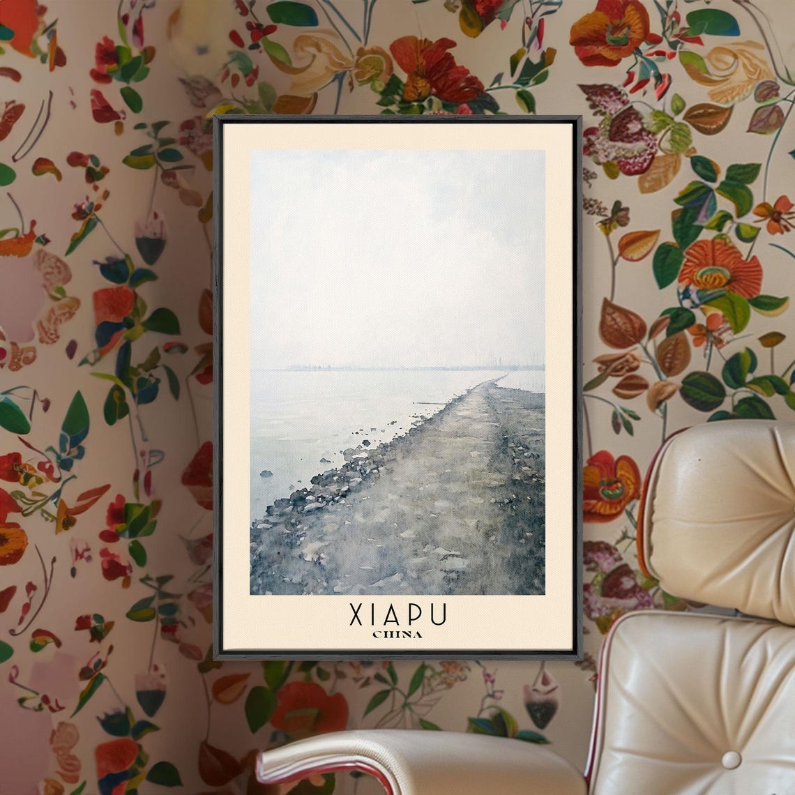 Xiapu China Misty Tidal Flat Serene Minimalist Watercolor Poster
