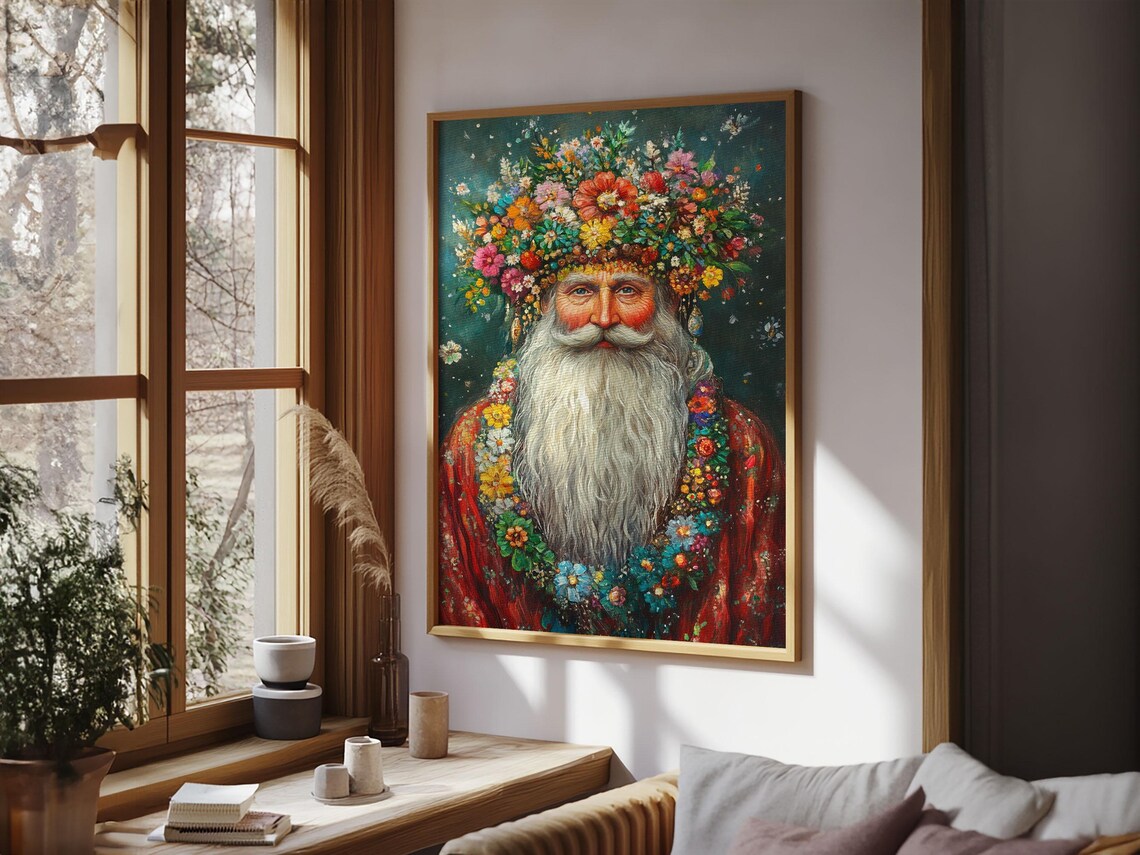 Floral Crown Santa Claus Portrait Vintage Christmas Holiday Art Poster - Image 3
