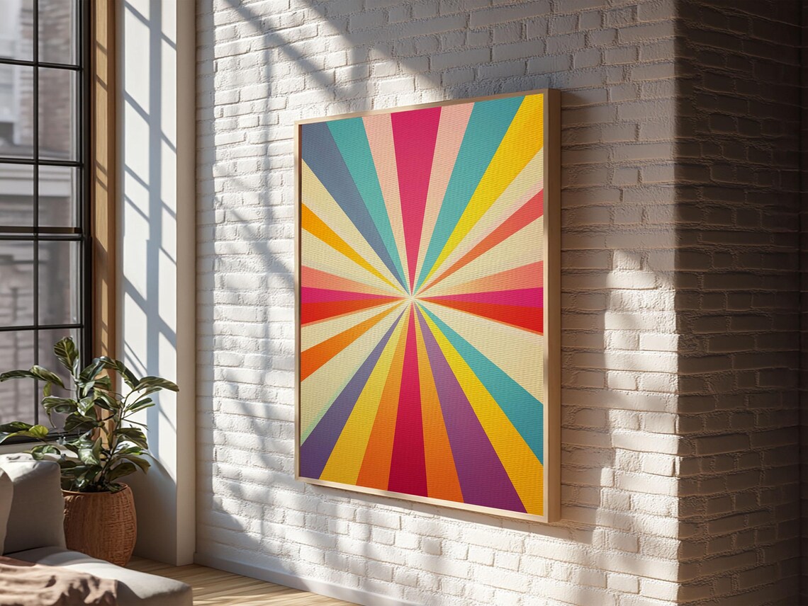 Colorful Sunburst Rays Teal Yellow Pink Vertical Retro Geometric Art Print