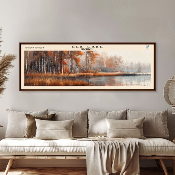 Elk Lake Michigan Framed Print Lake House Art Panoramic Wall Art Travel Poster Minimalist Lake Painting Home Decor