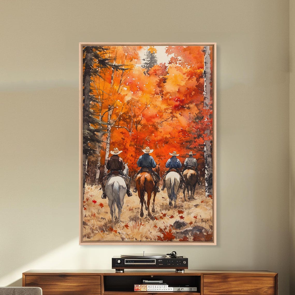 Four Cowboys Riding Horses Through Fiery Autumn Forest Fall Poster - Image 4