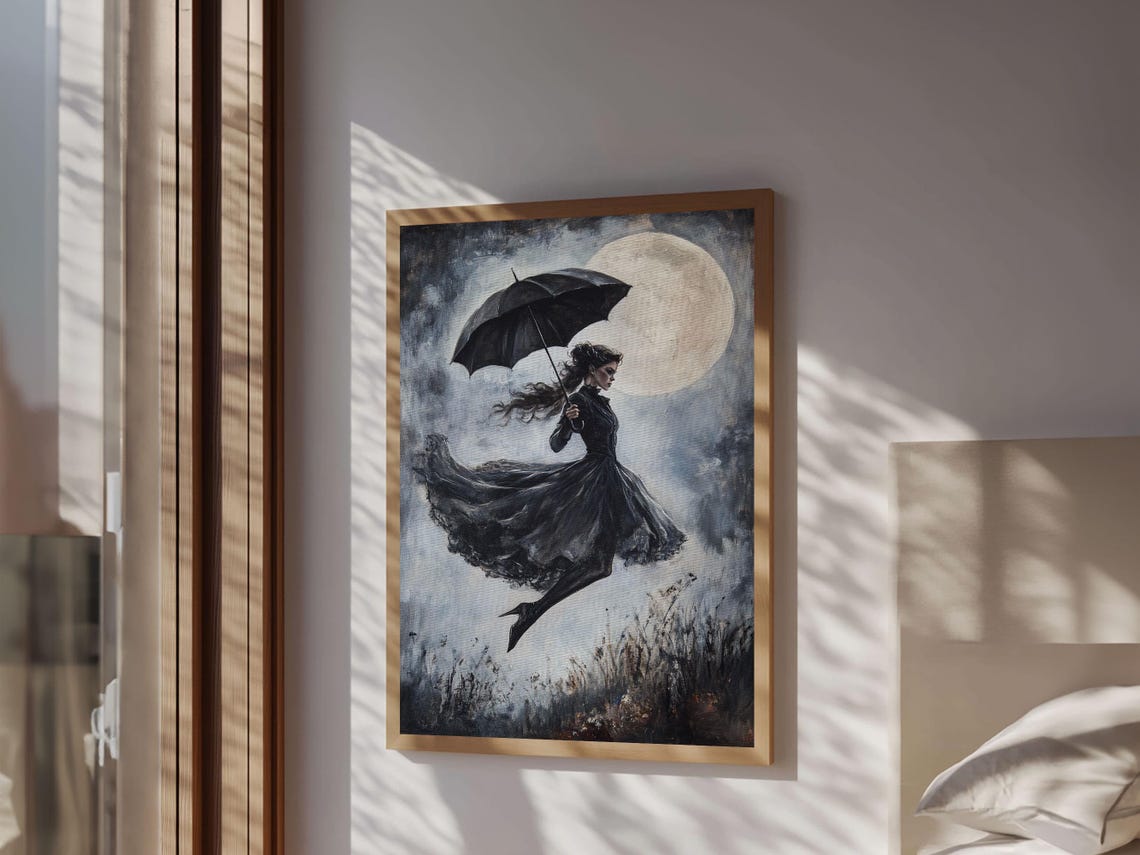 Witch Flying With Umbrella Under Full Moon Dark Gothic Night Wall Art