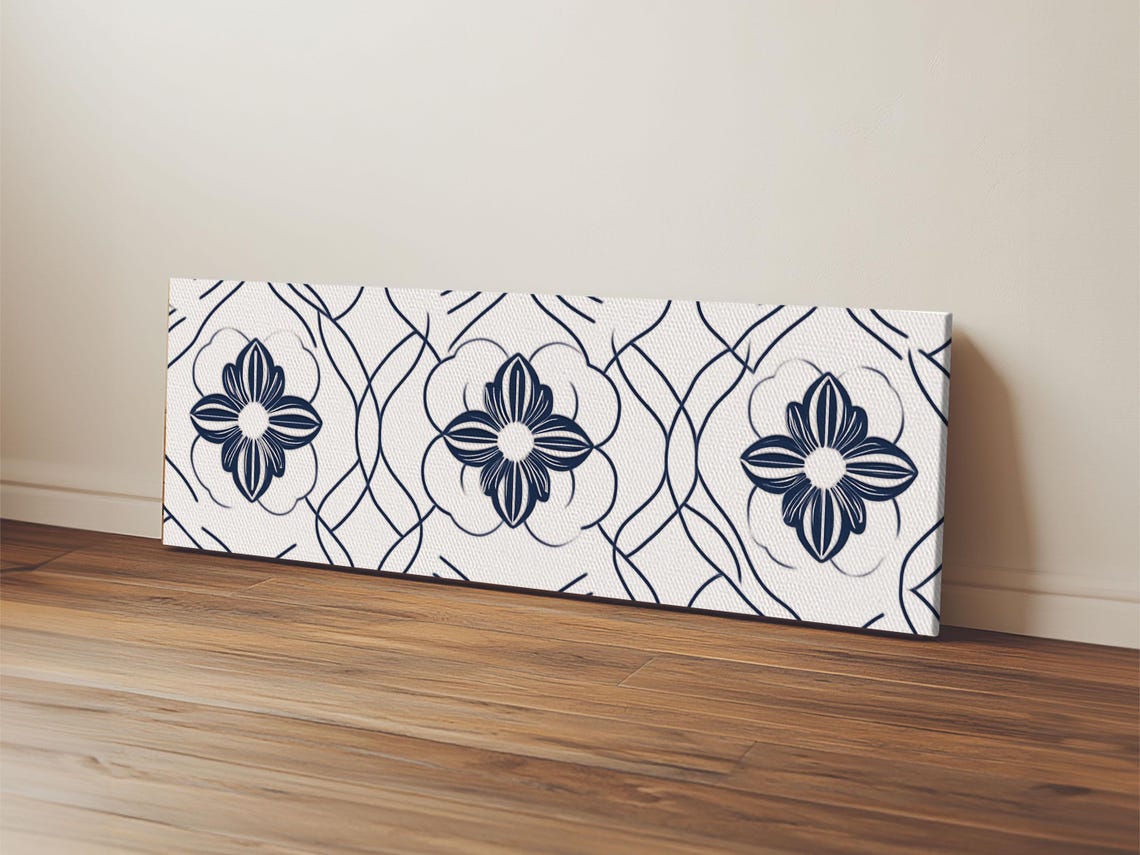 Navy Blue Floral Pattern Tile Art Moroccan Line Flower Wall Poster - Image 2