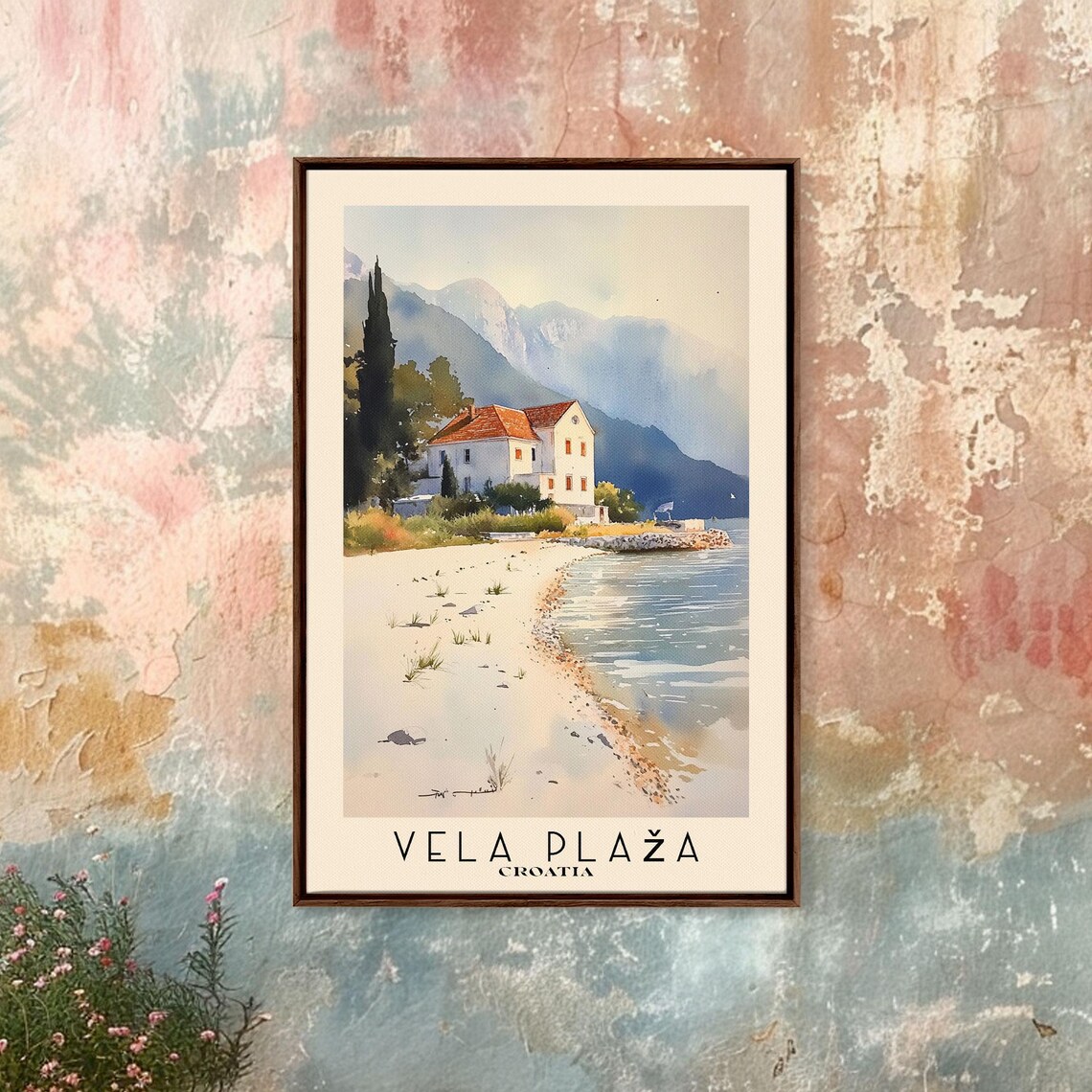Vela Plaza Croatia Watercolor Beach And Mountain Coast Travel Poster - Image 4