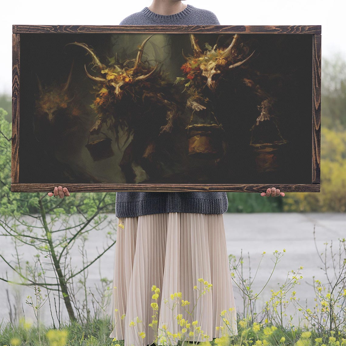 Horned Wendigo Creatures With Flowered Skulls Dark Forest Poster - Image 2