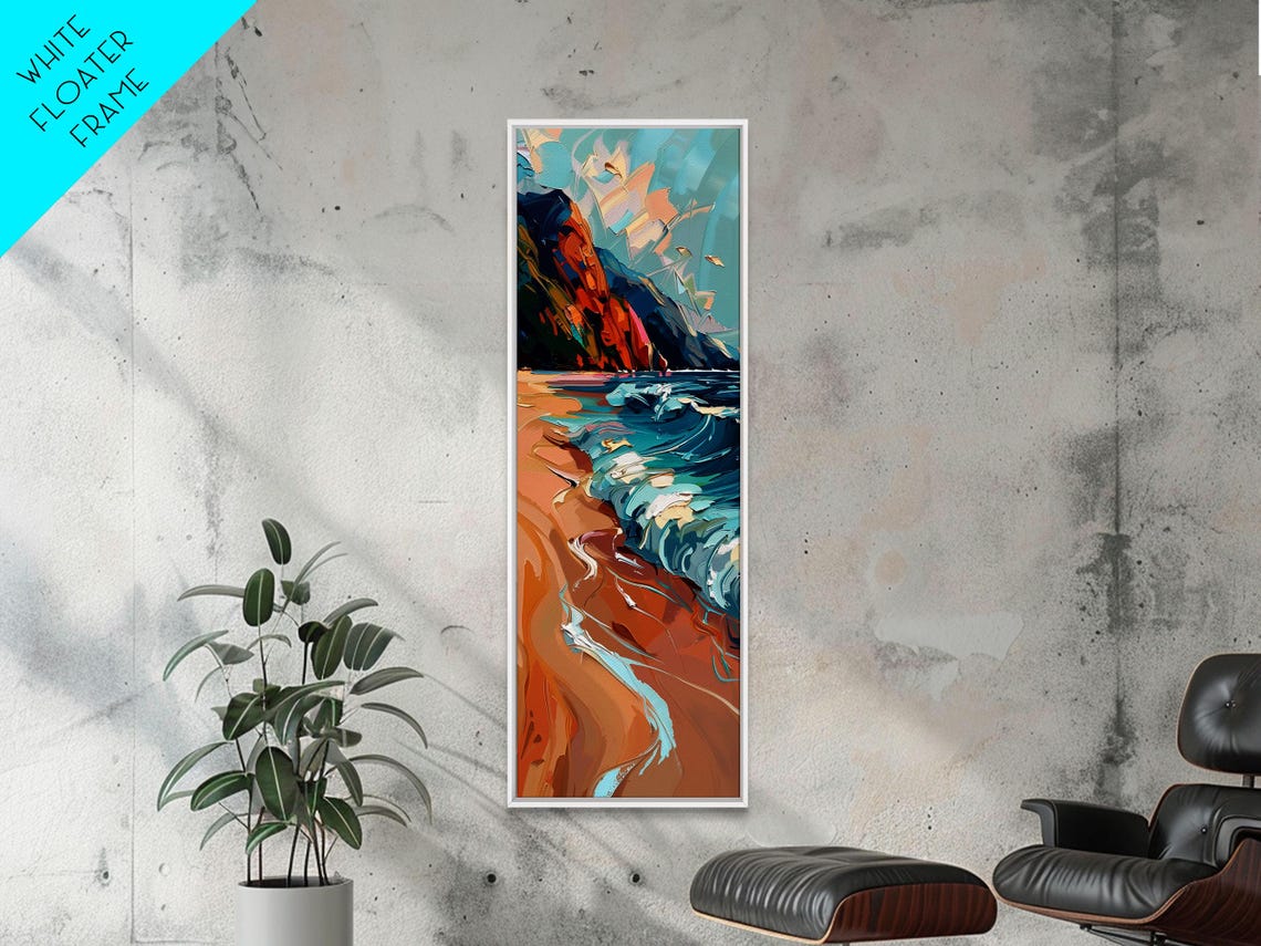 Orange Cliffs Beach Turquoise Waves Colorful Coastal Painting Poster - Image 3