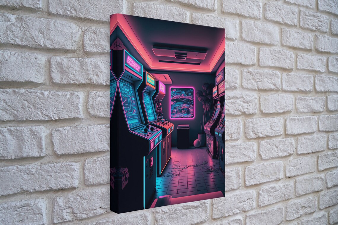 Neon Arcade Synthwave Art Print, Game Room Decor