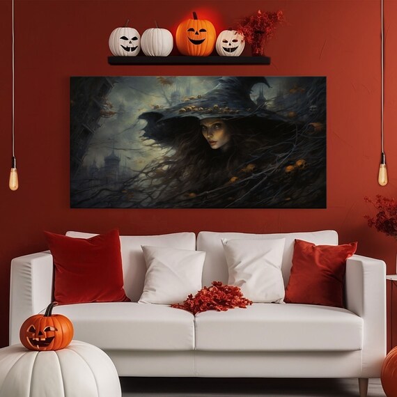 Dark Witch Portrait With Twisted Branches And Haunted Castle Print
