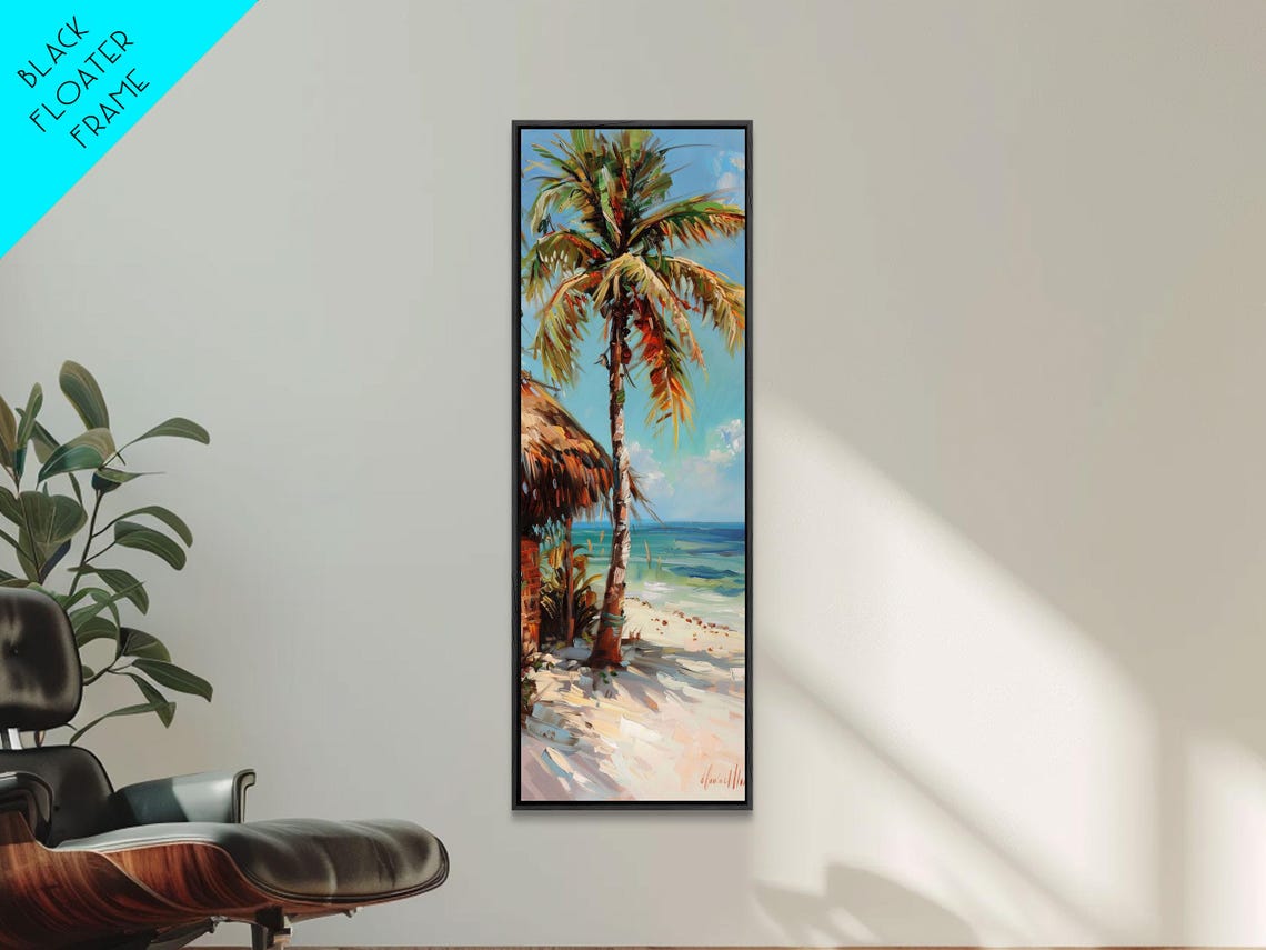 Tall Palm Tree With Thatched Hut On Tropical Beach Sunny Coast Poster - Image 6