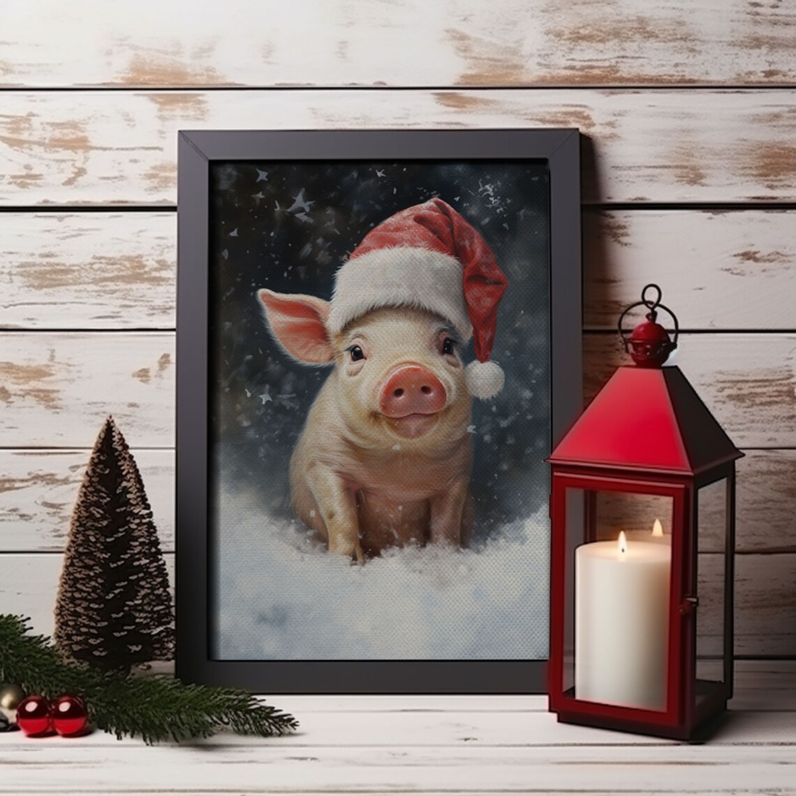 Christmas Pig in a Santa Hat, Vintage Art Print - Image 5