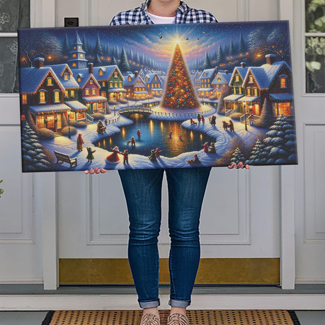 Christmas Town Square Tree With Skaters On Frozen Pond Night Poster - Image 4