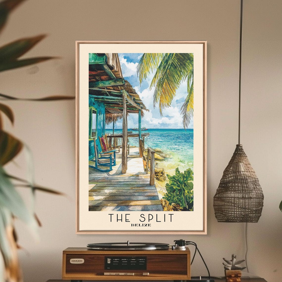 The Split Belize Rustic Pier Beach Bar Palm Trees Turquoise Sea Poster - Image 3