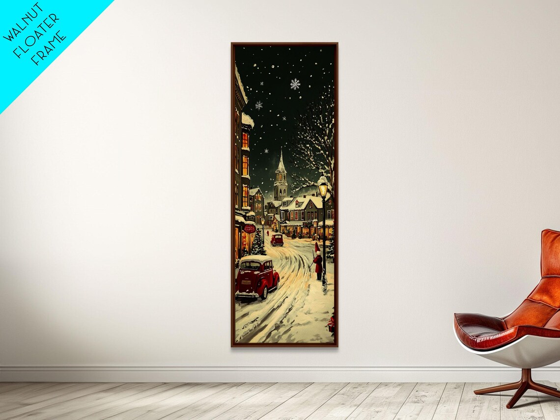 Snowy Village Street At Night With Vintage Red Car Christmas Poster - Image 2