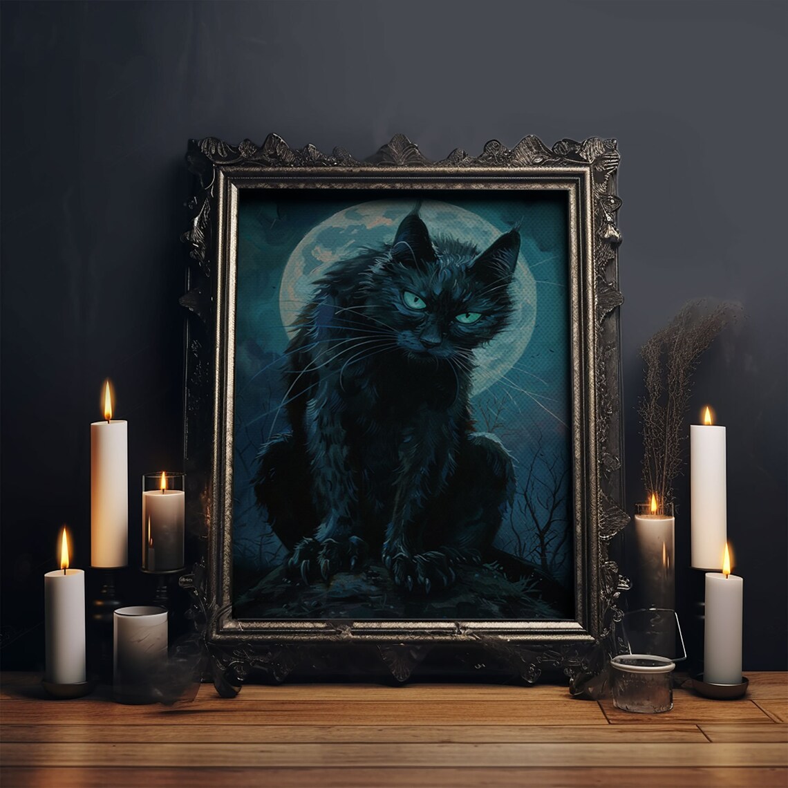 Black Cat With Green Eyes Against Full Moon Spooky Halloween Print - Image 6