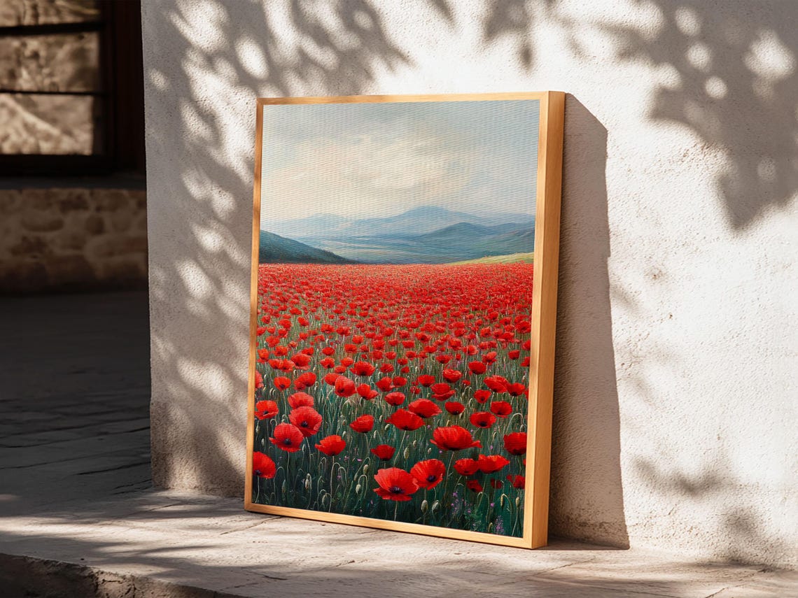 Red Poppy Field Blue Mountains Vast Bloom Rustic Landscape Art Poster - Image 4