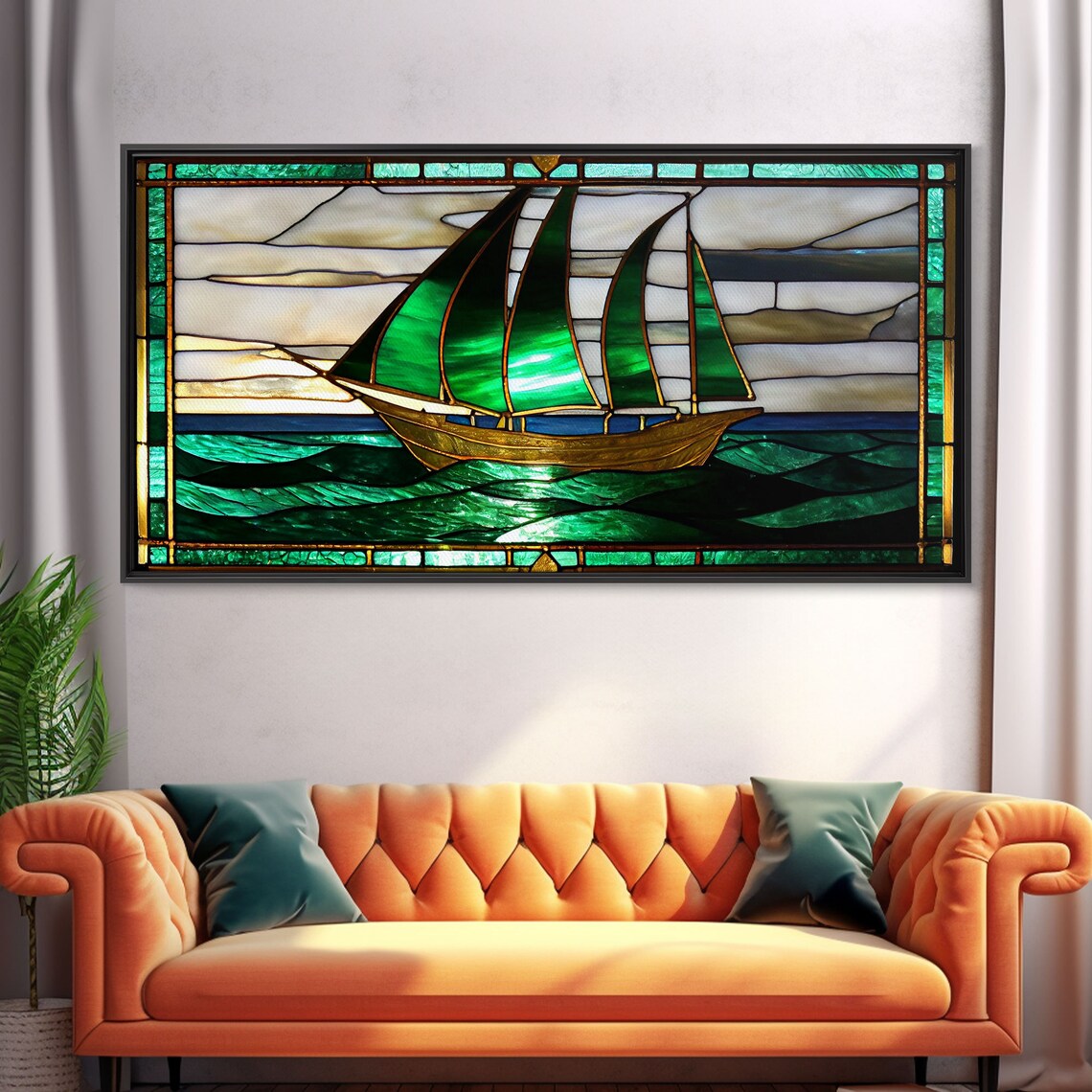Emerald Green And Gold Sail Boat Art Print, Art Deco Vintage
