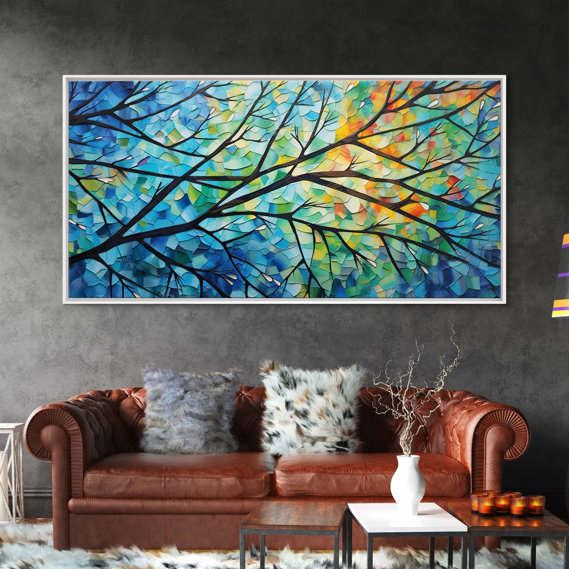 Mosaic Tree Branches Colorful Leaves Stained Glass Style Poster