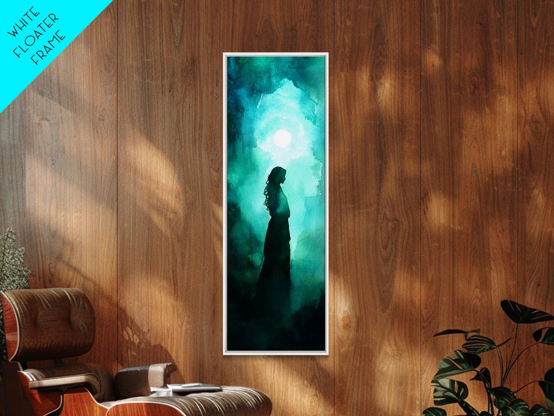 Moonlit Goddess Silhouette Teal Watercolor Night Mystical Wall Poster - Image 6