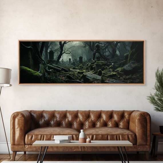 Spooky Overgrown Mossy Cemetery Foggy Forest Panoramic Poster
