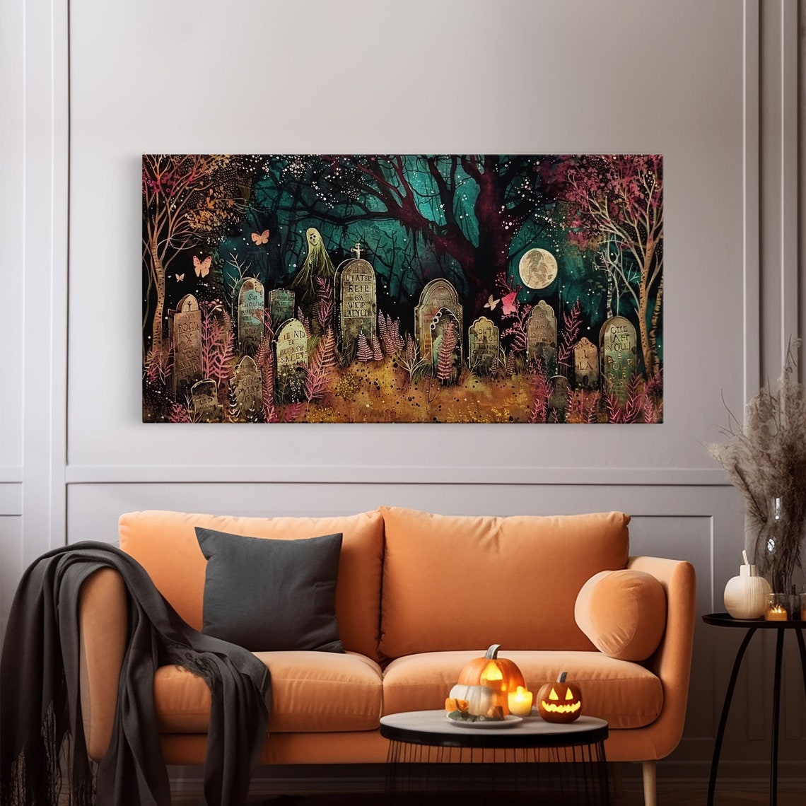 Colorful Haunted Graveyard At Night Spooky Season Halloween Art Print