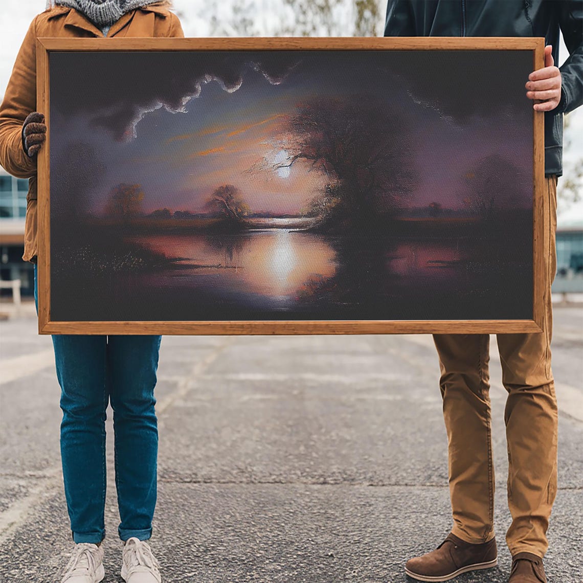 Dark Moody Moonlit Lake Stormy Purple Clouds Reflection Vintage Poster - Image 3