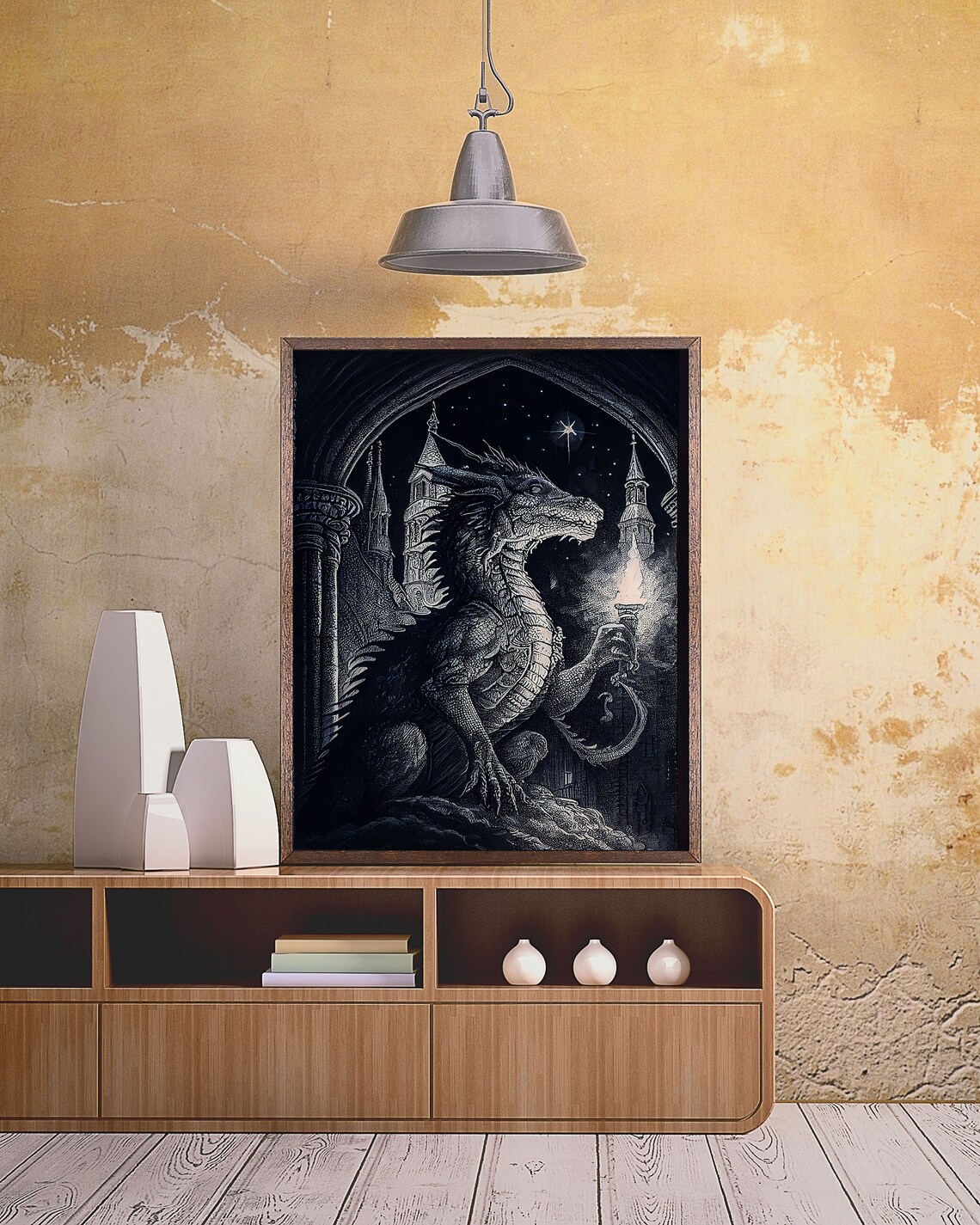 Dragon Holding A Torch, Black And White Poster Art - Image 4