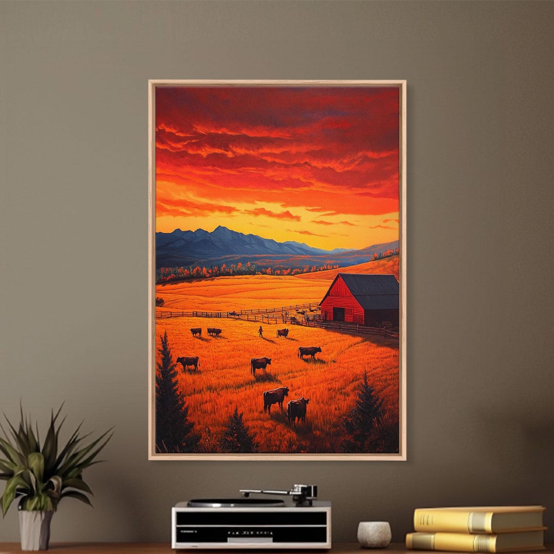 Golden Fields At Sunset With Red Barn Grazing Cows Farm Poster - Image 4