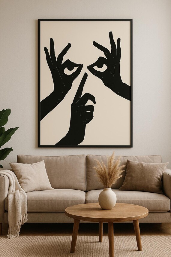 Black Hands Forming Face Optical Illusion Beige Minimalist Art Poster