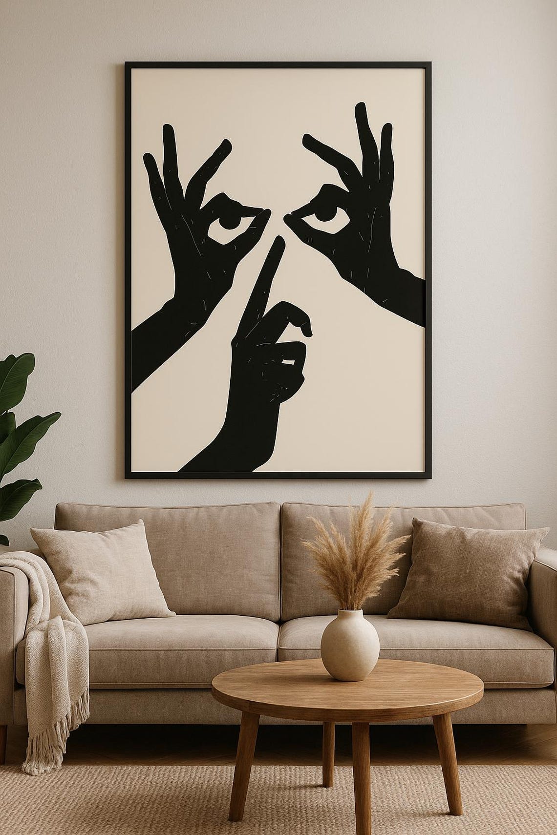 Black Hands Forming Face Optical Illusion Beige Minimalist Art Poster