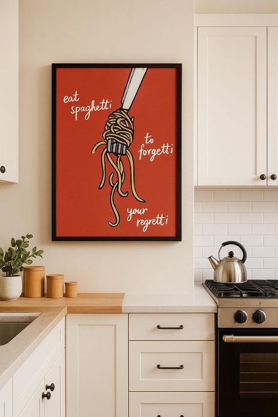 Funny Spaghetti Poster Eat To Forgetti Regretti Wall Art Kitchen Decor Pasta Lover Gift Physical Print