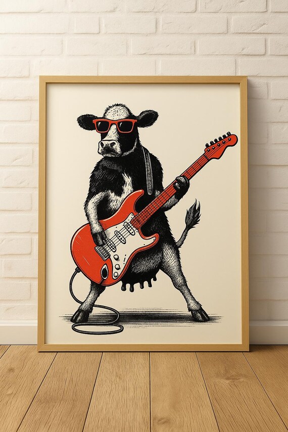 Rockstar Cow Playing Red Electric Guitar Sunglasses Funny Animal Poster