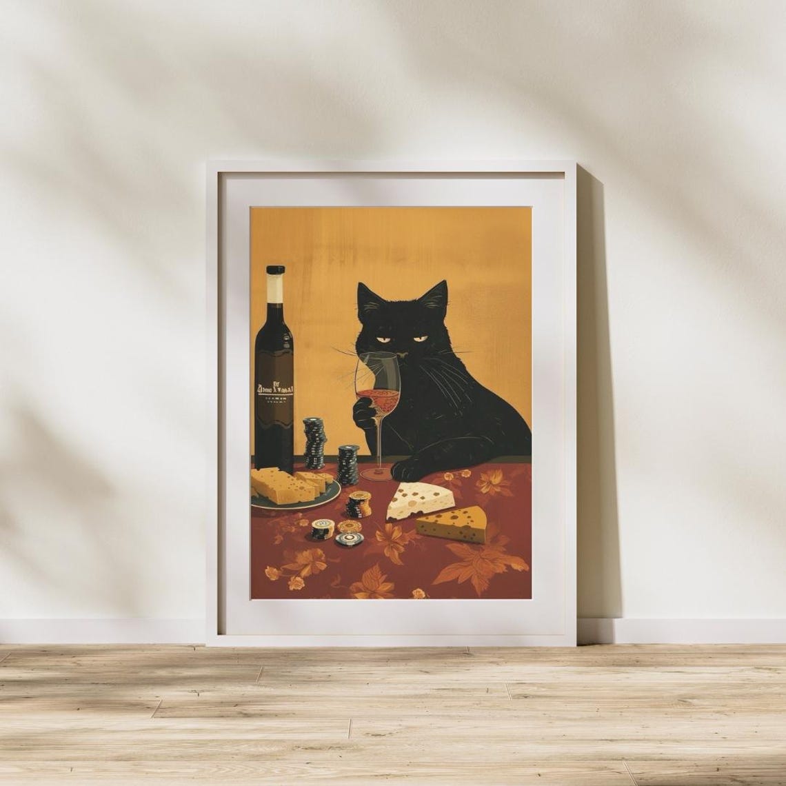 Black Cat Poker Night Wine Cheese Vintage Style Funny Art Poster