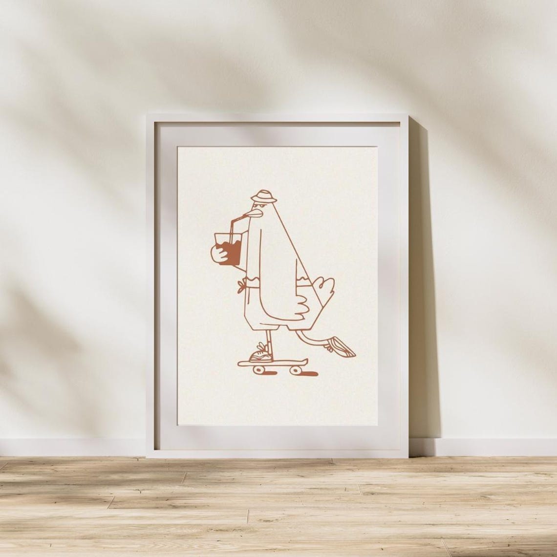 Seagull on Skateboard Iced Coffee Minimalist Line Drawing Poster