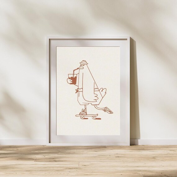 Seagull on Skateboard Iced Coffee Minimalist Line Drawing Poster
