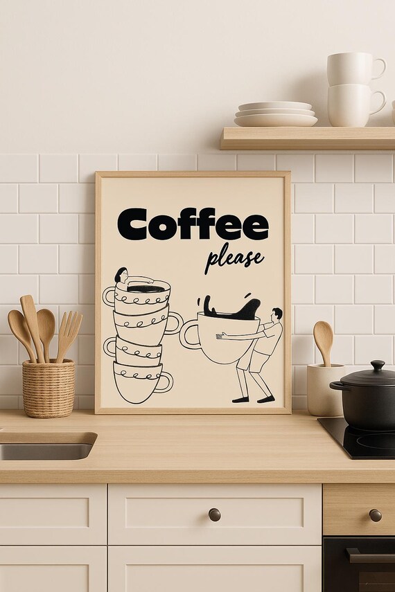 Coffee Please Fun Line Art Giant Cups Modern Minimalist Kitchen Poster
