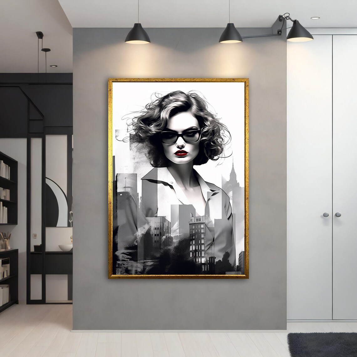 Black and White Woman with Red Lips City Skyline Double Exposure Poster - Image 4
