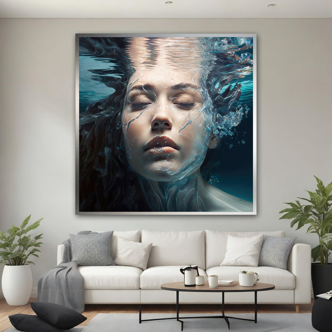 Underwater Woman Face Serene Blue Water Dreamlike Portrait Art Poster - Image 3