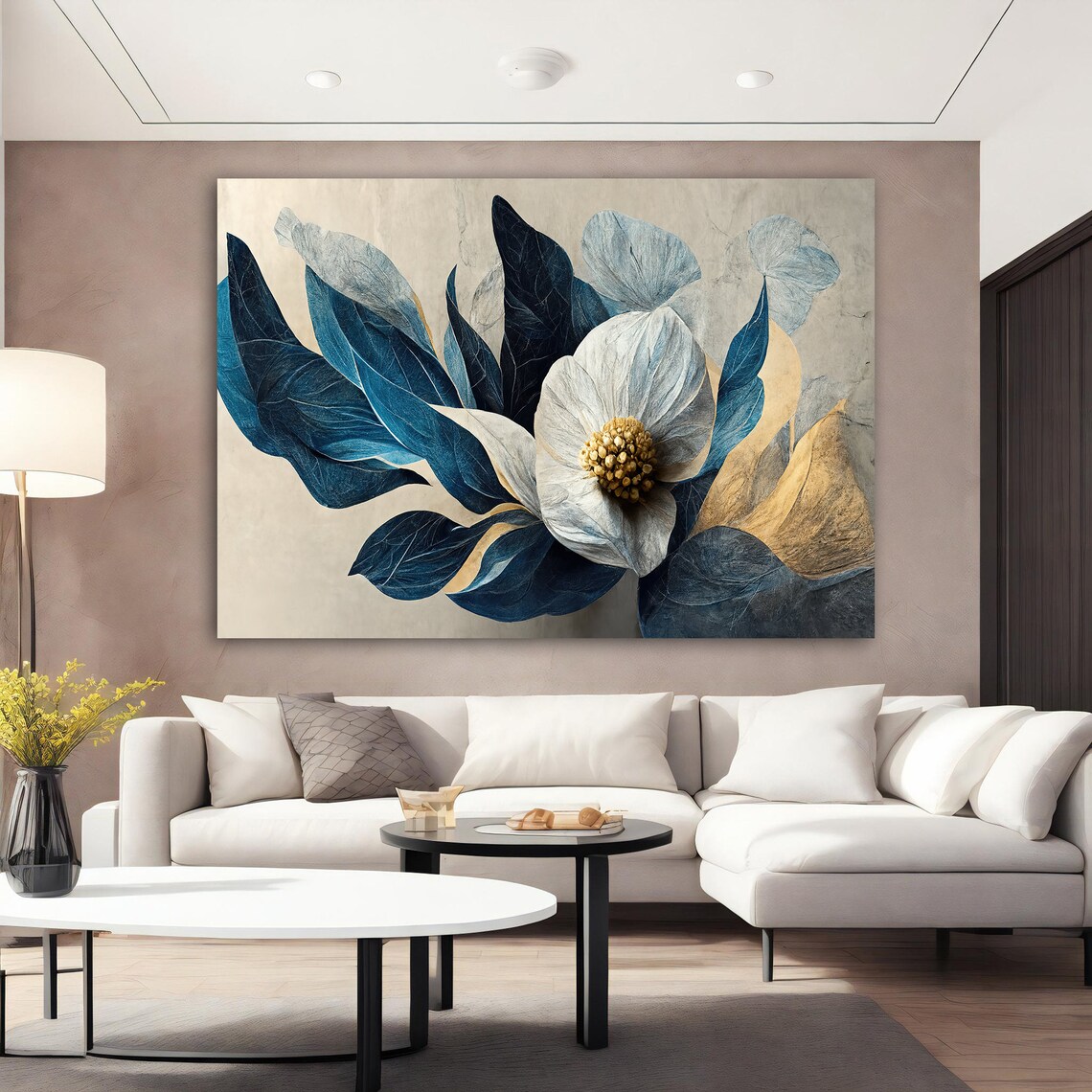 White Orchid Gold Center Navy Leaves Botanical Floral Poster - Image 2