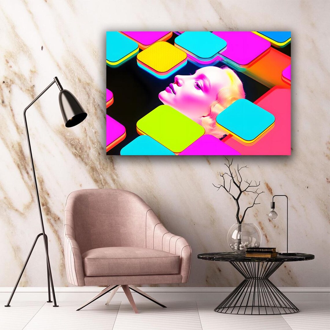 Pop Art Woman Face Neon Geometric 3D Squares Vibrant Modern Wall Art Print - Image 5