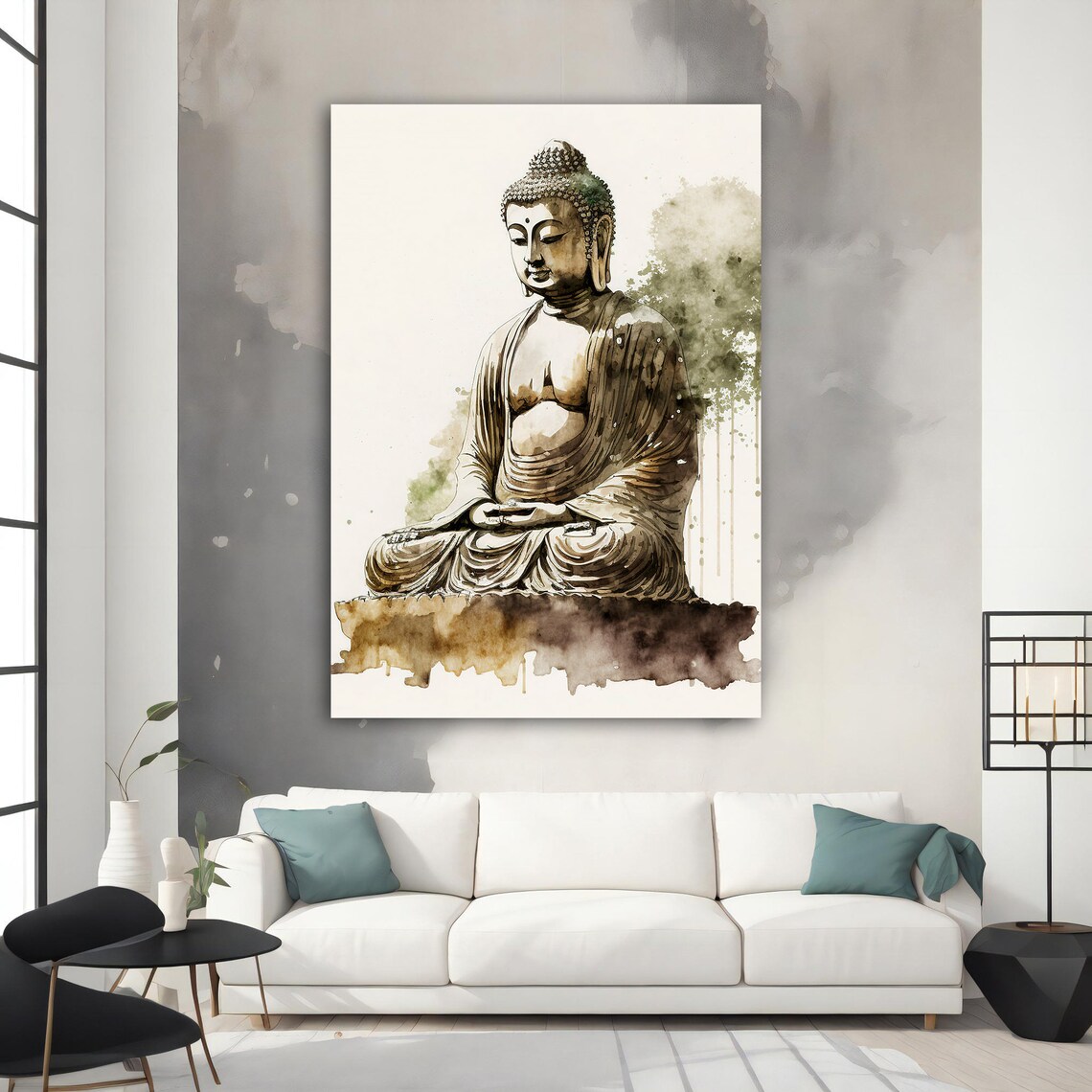 Minimalist Ink Wash Buddha Statue Seated Meditation Green Grey Art Poster - Image 4