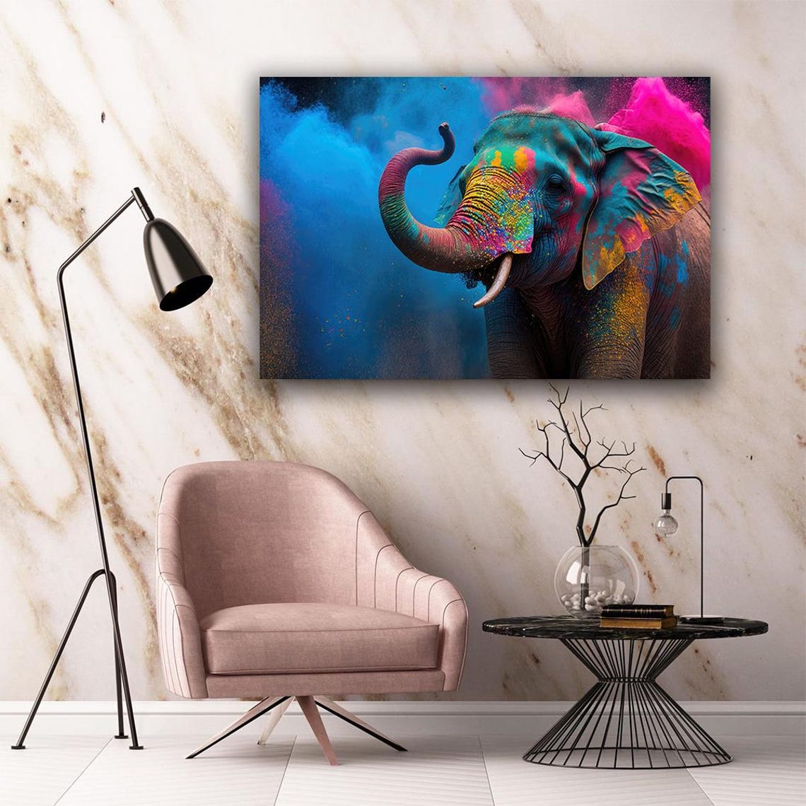 Colorful Paint Splashed Elephant with Trunk Up on Blue Smoke Poster - Image 5